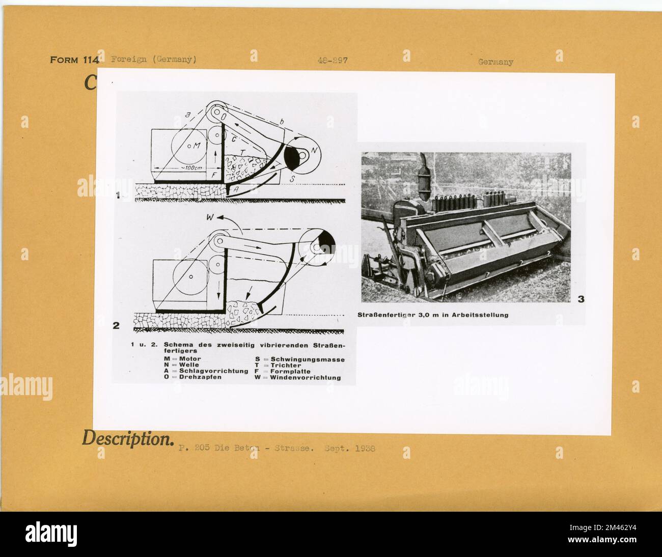 Disegni schematici e fotografia delle asfaltatrici. Didascalia originale: P. 205 Die Beton-Strasse. Settembre 1938. Stato: Germania. Foto Stock