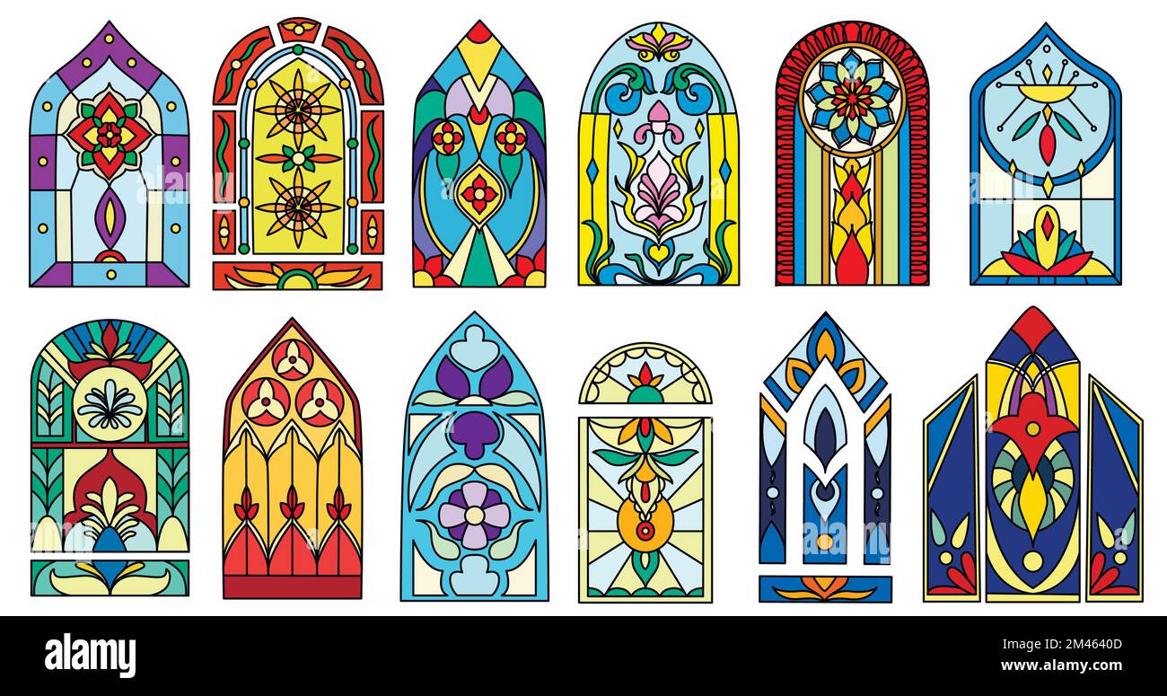 Colorate vetrate di edifici di chiese d'epoca. Set di cartoni animati con decorazioni a mosaico gotiche colorate per l'interno del castello, della cattedrale cattolica, della cappella antica, della casa religiosa o del palazzo. Illustrazione Vettoriale