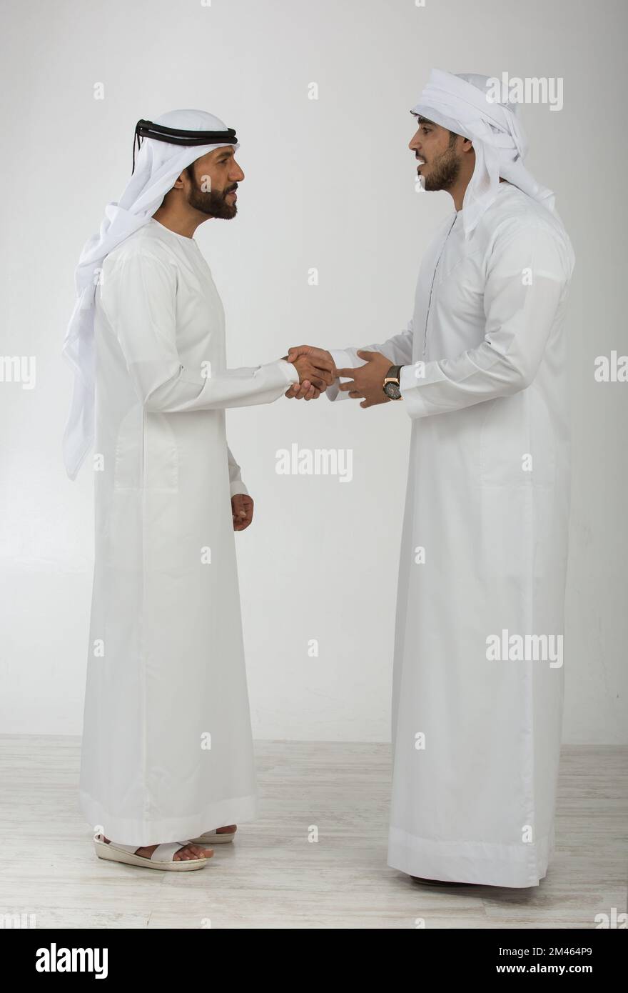 Uomini d'affari degli Emirati che scuotono le mani. Foto Stock