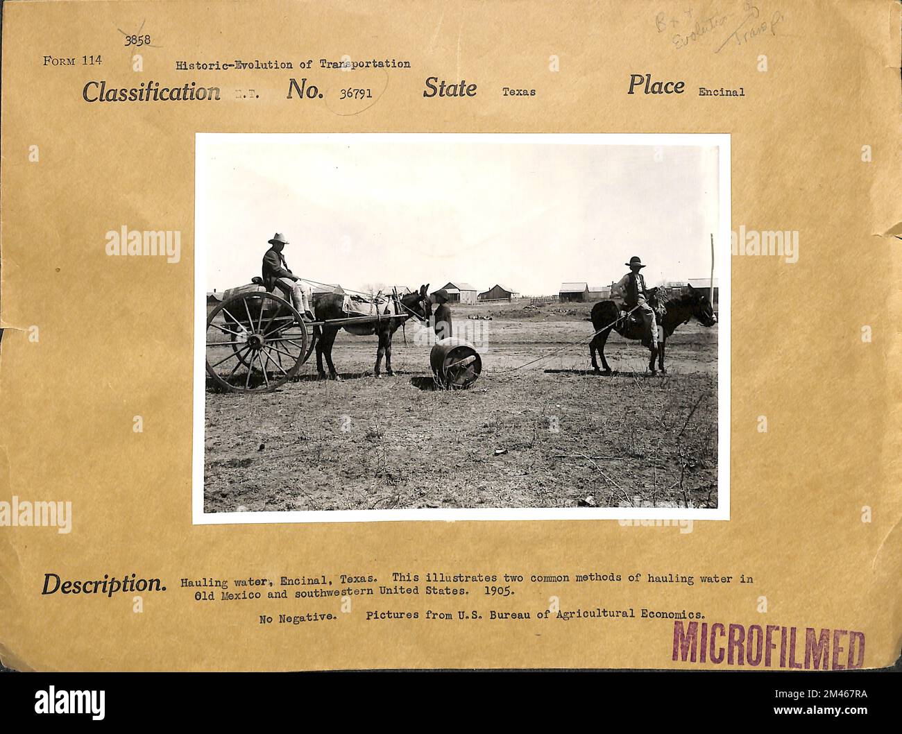 Trasporto di acqua, Encinal, Texas. Didascalia originale: Hauling Water, Encinal, Texas. Ciò illustra due metodi comuni di trasporto dell'acqua nel vecchio Messico e negli Stati Uniti sudoccidentali. 1905. Immagini dall'ufficio di U. S. di Economia agricola. Stato: Texas luogo: Encinal. Foto Stock