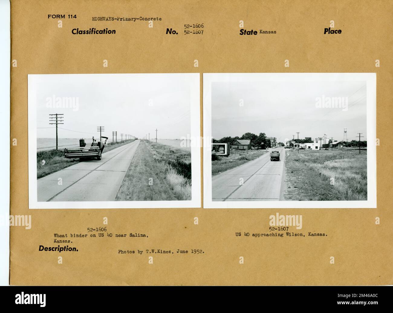 STATI UNITI Route 40 Scenes. Titolo originale: 52-1606: Wheat Binder on US 40 vicino a Salina, Kansas. Didascalia originale: 52-1607: US 40 Approaching Wilson, Kansas. Foto di T. W. Kines, giugno 1952. Stato: Kansas. Foto Stock