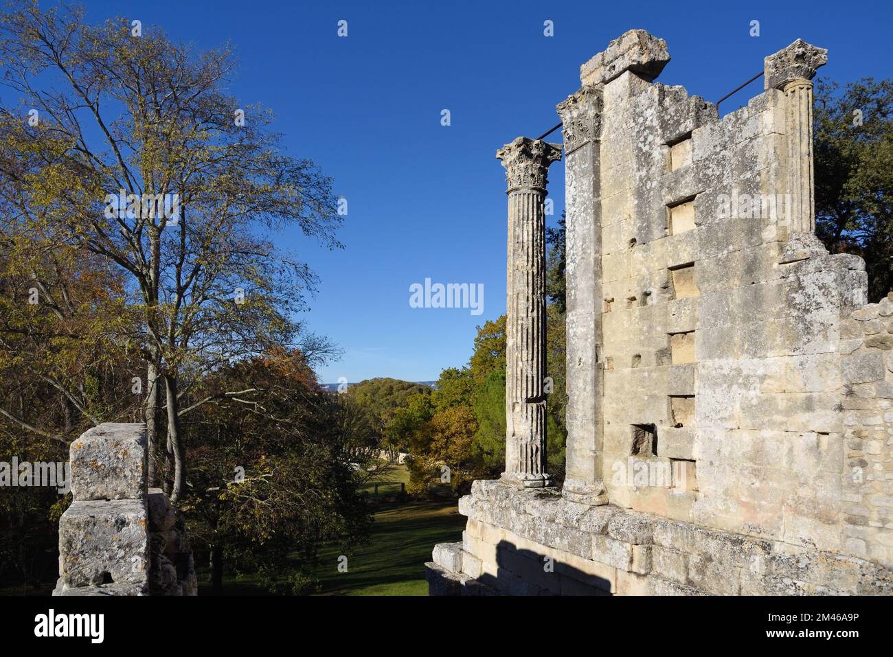 Tempio romano di Château-Bas e colonna classica scanalata (costruito c1st a.C.) Vernègues Provenza Francia Foto Stock