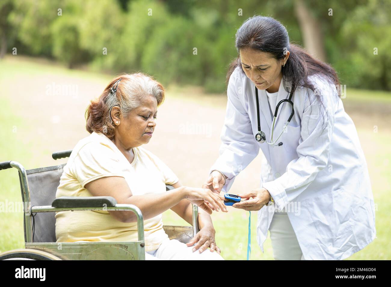 Controllo medico indiano con pulsossimetro sul dito di una paziente anziana diabetica in una sedia a rotelle all'aperto al parco. Foto Stock
