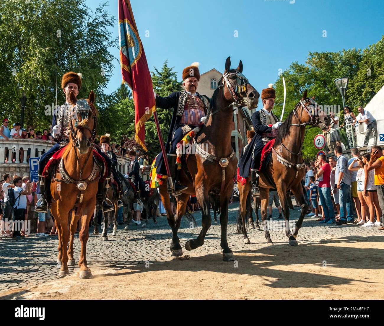 Stipe Bilandzic CIPA, alkar cavaliere standard portatore è in sella al suo cavallo seguito dai suoi scagnozzi al 300 ° festival alka a signo (sinj), in Croazia tenuto Foto Stock