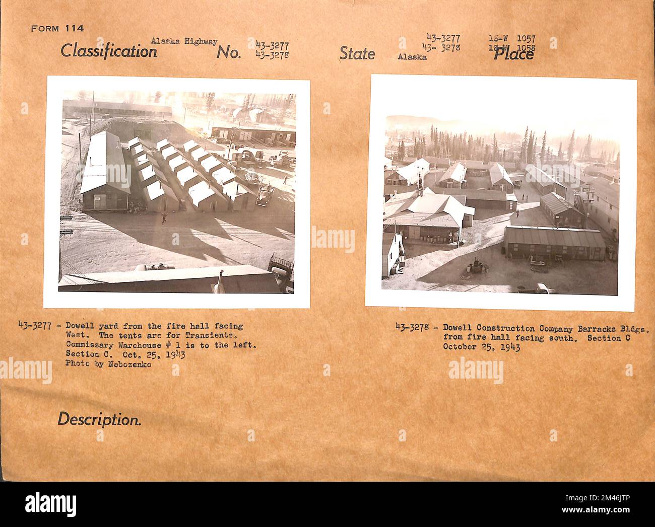 Dowell yard dalla sala dei vigili del fuoco rivolta a ovest; Dowell Construction Company Barracks Bldgs. Didascalia originale: 43-3277 - Dowell yard dalla sala dei vigili del fuoco rivolta ad ovest. Le tende sono per transitori. Il magazzino commissario n. 1 si trova a sinistra. Sezione C. 25 ottobre 1943. Foto di Nebozenko. Didascalia originale: 43-3278 - Dowell Construction Company Barracks Bldgs. Dalla sala dei vigili del fuoco rivolta a sud. Sezione C. 25 ottobre 1943. Stato: Alaska. Foto Stock