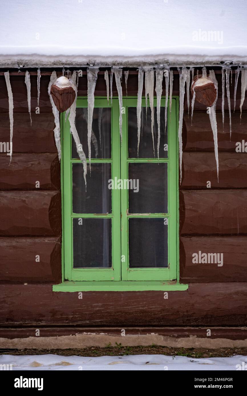Singola finestra verde con Icicle lunghe che si appendono verso il basso sul bordo del tetto Foto Stock