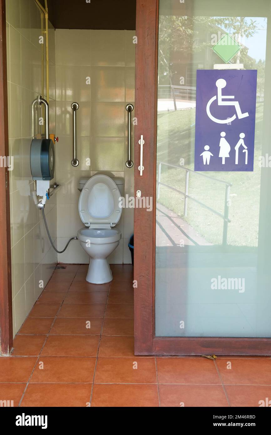 servizi igienici moderni per disabili per anziani e disabili, con corrimano e accesso per sedie a rotelle. Foto Stock