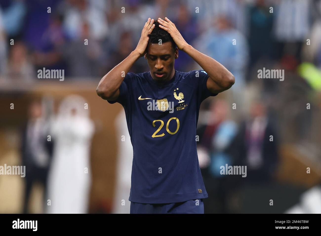 Lusail City, Qatar. 18th Dec, 2022. Kingsley Coman of France reagisce durante la finale della Coppa del mondo FIFA 2022 al Lusail Stadium di Lusail City, Qatar, il 18 dicembre 2022. Foto di Chris Brunskill/UPI Credit: UPI/Alamy Live News Foto Stock