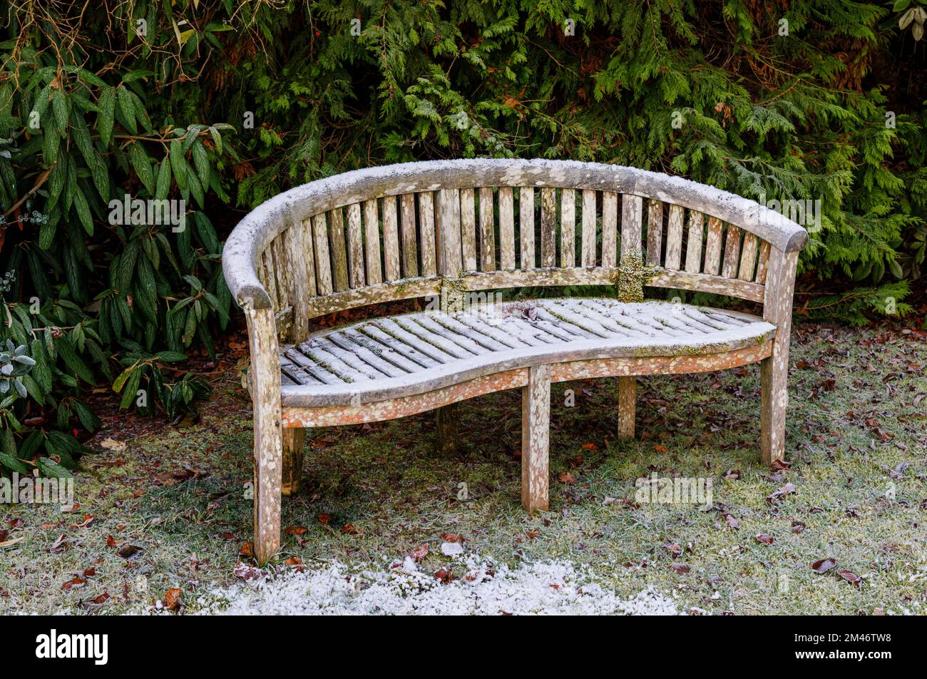 Cristalli di ghiaccio e ghiaccio su un giardino curvato seduta in legno in un giardino durante il tempo molto freddo e le basse temperature invernali in Surrey, se Inghilterra, UK Foto Stock