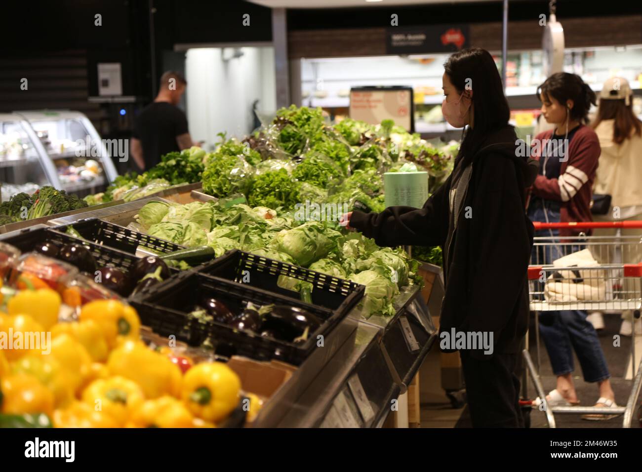 Sydney, Australia. 19th Dec, 2022. I clienti acquistano verdura un supermercato a Sydney, Australia, 19 dicembre 2022. Più di 200 persone si sono ammalate, molte delle quali sono state ricoverate in ospedale in un diffuso incidente di sicurezza alimentare in diversi stati australiani. Almeno 200 persone hanno creduto di aver sofferto sintomi dopo aver mangiato spinaci per bambini, e quattro grandi catene di supermercati in tutta l'Australia hanno portato giù i prodotti contaminati dagli scaffali, secondo i rapporti dei media locali. Credit: Wang Zelong/Xinhua/Alamy Live News Foto Stock