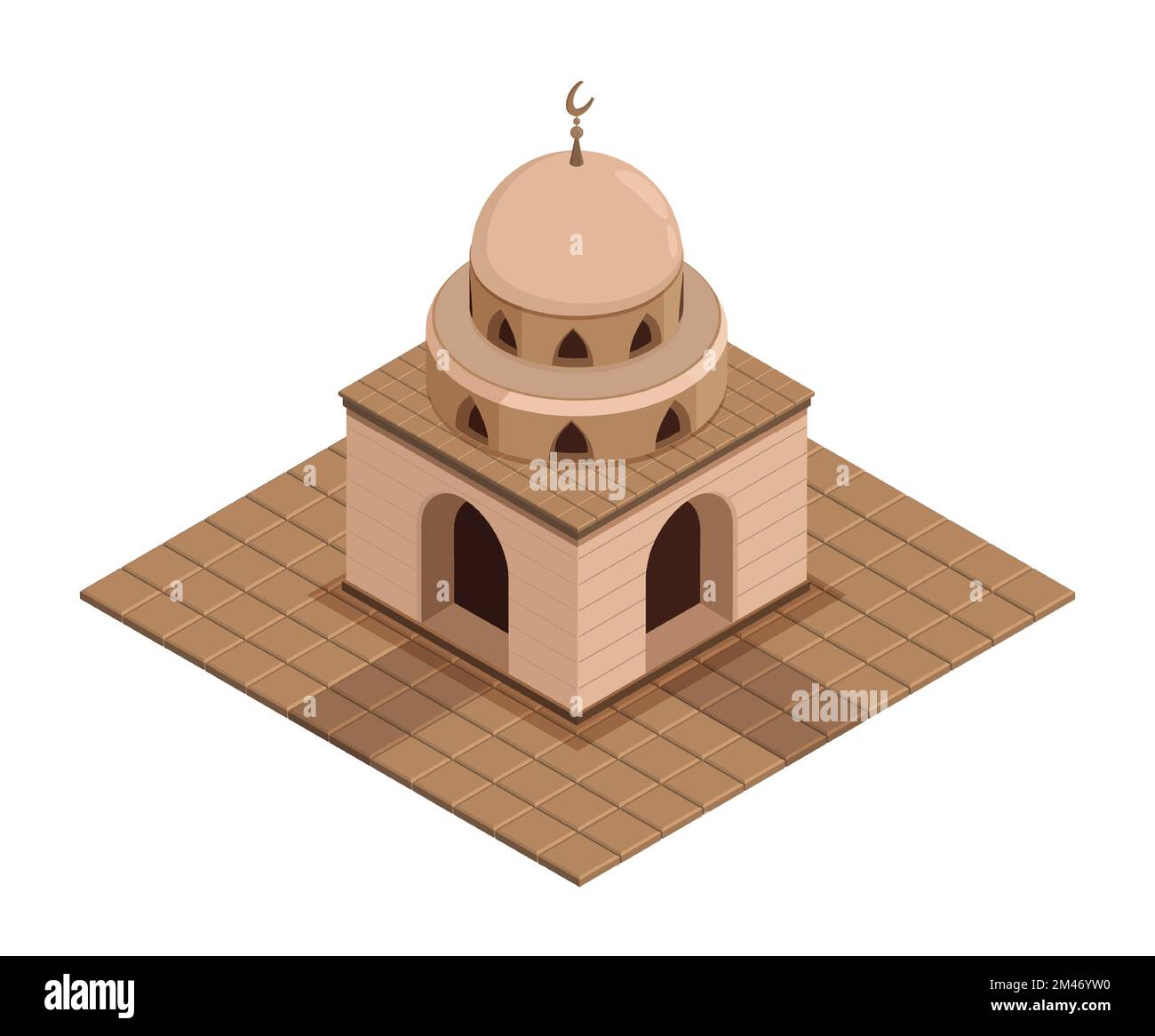 Antico tempio, moschea isometrica musulmana con pareti in pietra, cupola e simbolo della mezzaluna in cima. Edificio religioso per le preghiere appartamento. Il vettore 3D realistico è Illustrazione Vettoriale