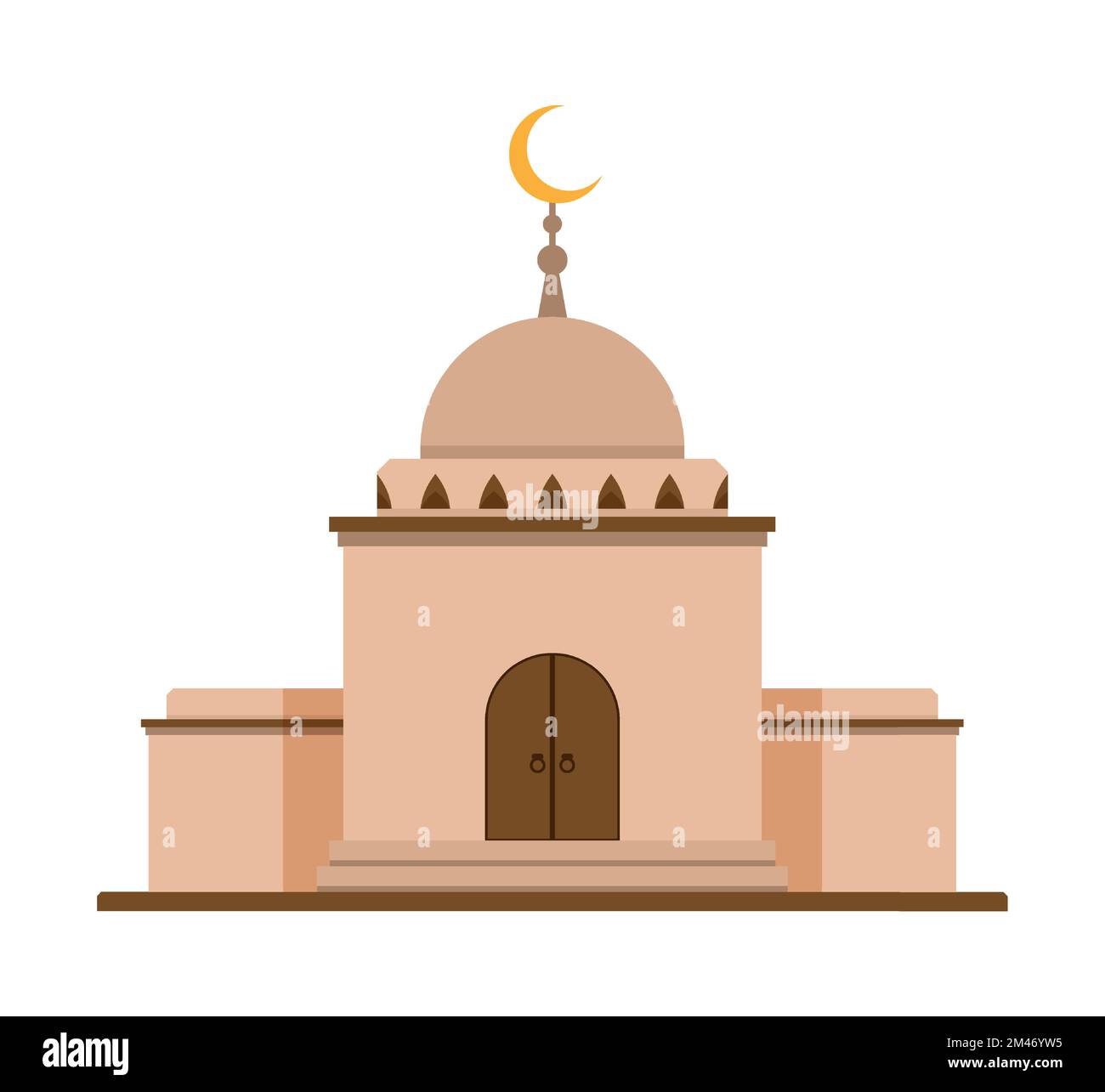 Antico tempio, facciata della moschea musulmana con pareti in pietra, porte in legno, cupola e simbolo della mezzaluna in cima. Edificio religioso per le preghiere appartamento. Vettore isolo Illustrazione Vettoriale