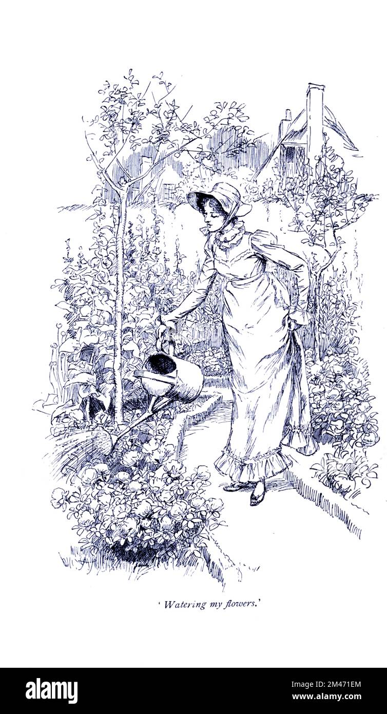 Annaffiatura i miei fiori illustrati da Hugh Thomson per il nostro villaggio è una raccolta di circa 100 schizzi letterari di vita rurale scritti da Mary Russell Mitford (1787–1855), e originariamente pubblicati negli anni '1820s e '1830s. La serie è apparsa per la prima volta nella rivista The Lady's Magazine. Il titolo completo è: Il nostro Villaggio: Schizzi di carattere rurale e scenario. La serie VIVID era basata sulla vita in Three Mile Cross, un borgo nella parrocchia di Shinfield (a sud-est di Reading nel Berkshire), dove viveva. Pubblicato da Macmillan il 1893 Foto Stock