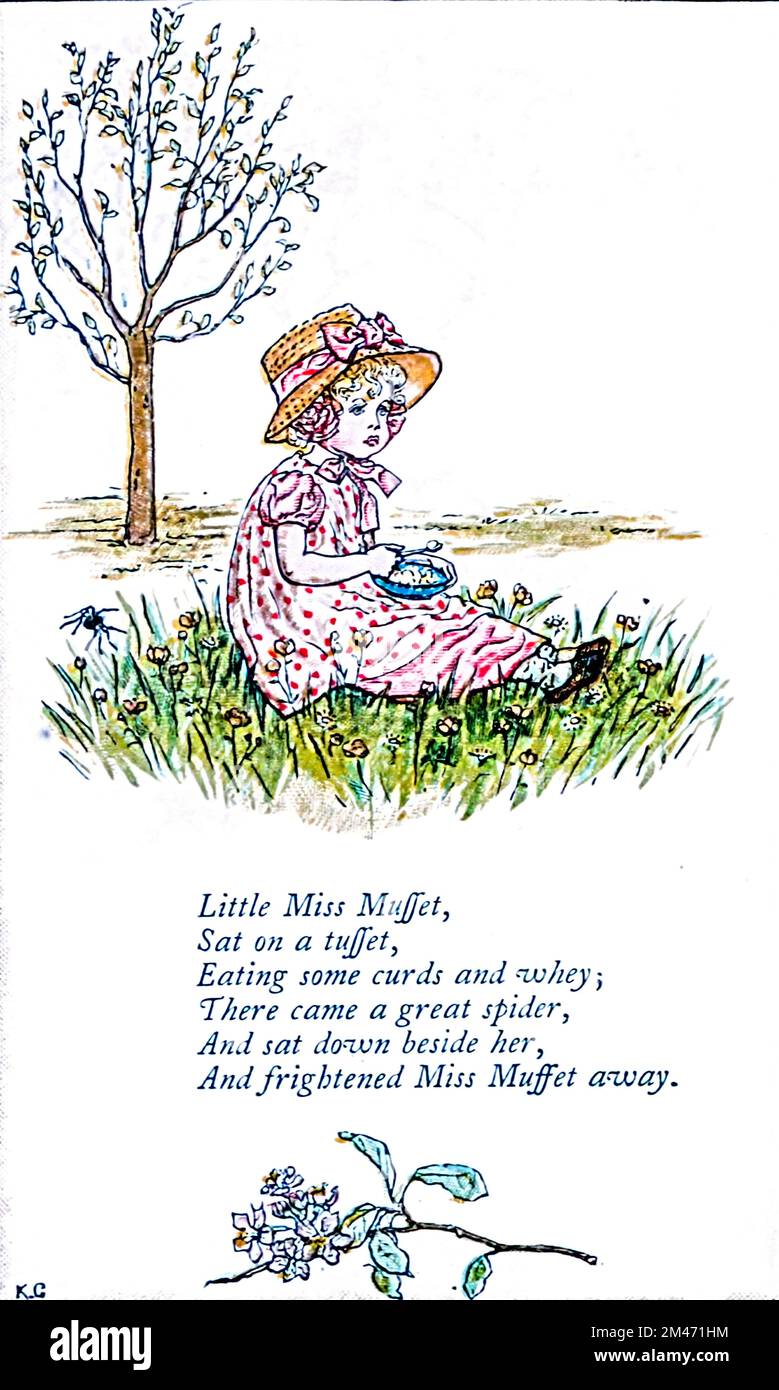 Little Miss Muffet, sab su un tuffet, mangiando qualche curdi e siero di latte. Ci fu un grande ragno, e sedette accanto a lei, e spaventato Miss Muffet. Dal libro Mother Goose : o, le vecchie rime nursery di Kate Greenaway, incise e stampate da Edmund Evans pubblicato nel 1881 da George Routledge e Sons London nad New York Foto Stock