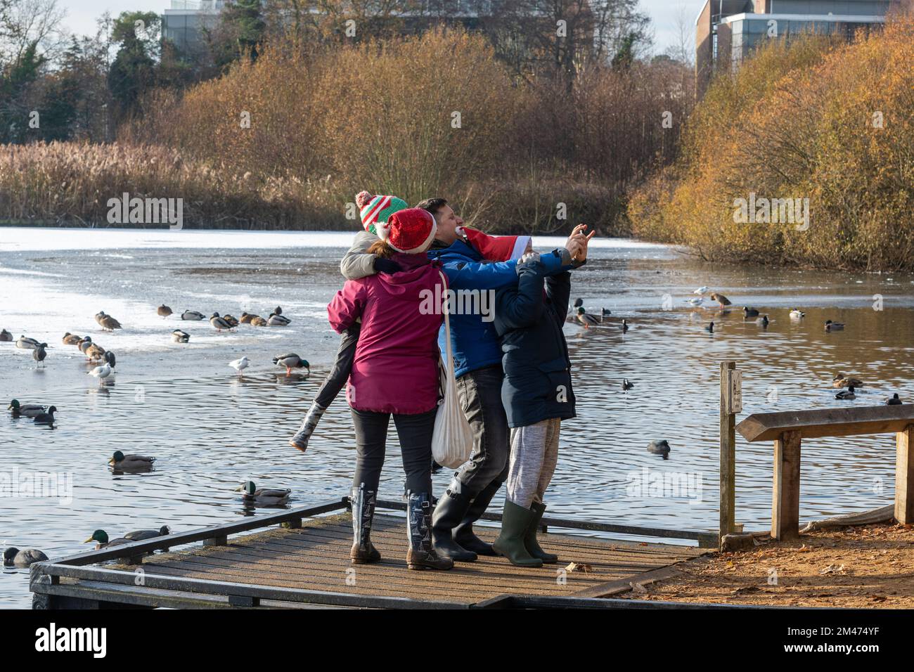 Famiglie che si godono una passeggiata invernale intorno a un Frozen Fleet Pond nutrire le anatre e cigni e fare selfie nel dicembre 2022, Hampshire, Inghilterra, Regno Unito Foto Stock