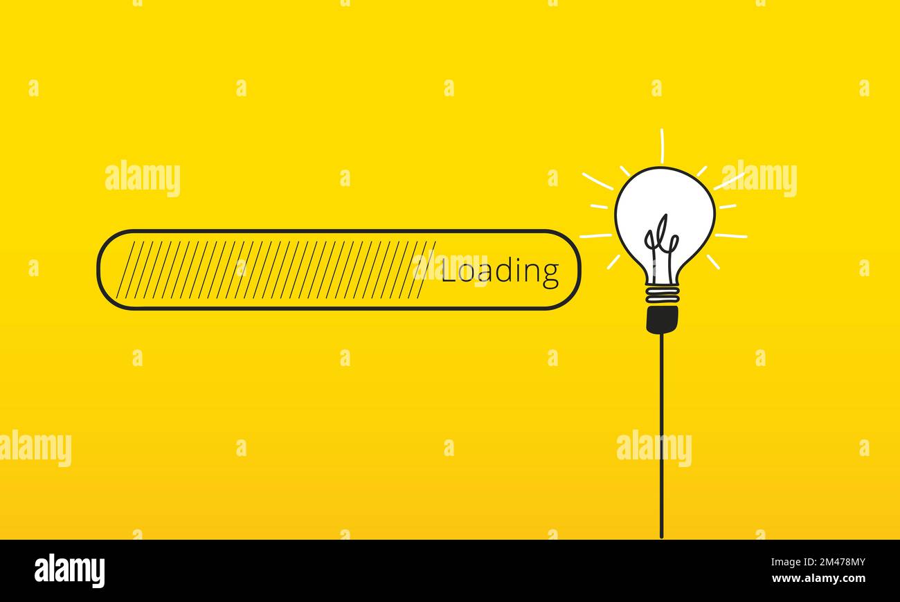 Barra di caricamento in corso con una lampadina all'estremità su sfondo giallo. Concetto di idee nel processo di creazione. Illustrazione Vettoriale