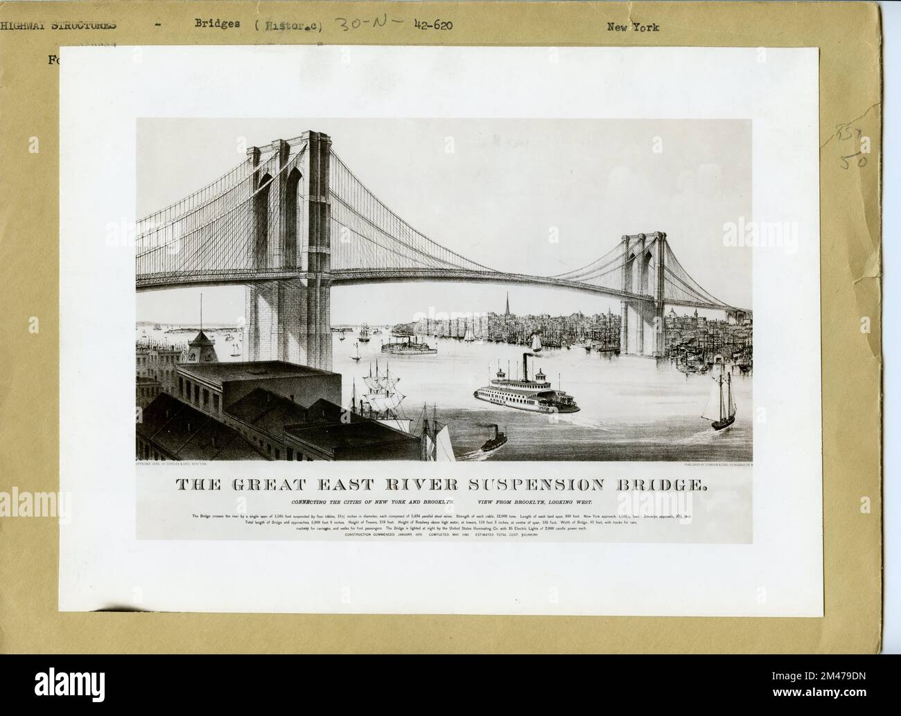 Il Great East River Suspension Bridge. Didascalia originale: Collegare le città di New York e Brooklyn. Vista da Brooklyn, verso ovest. Stato: New York. Foto Stock