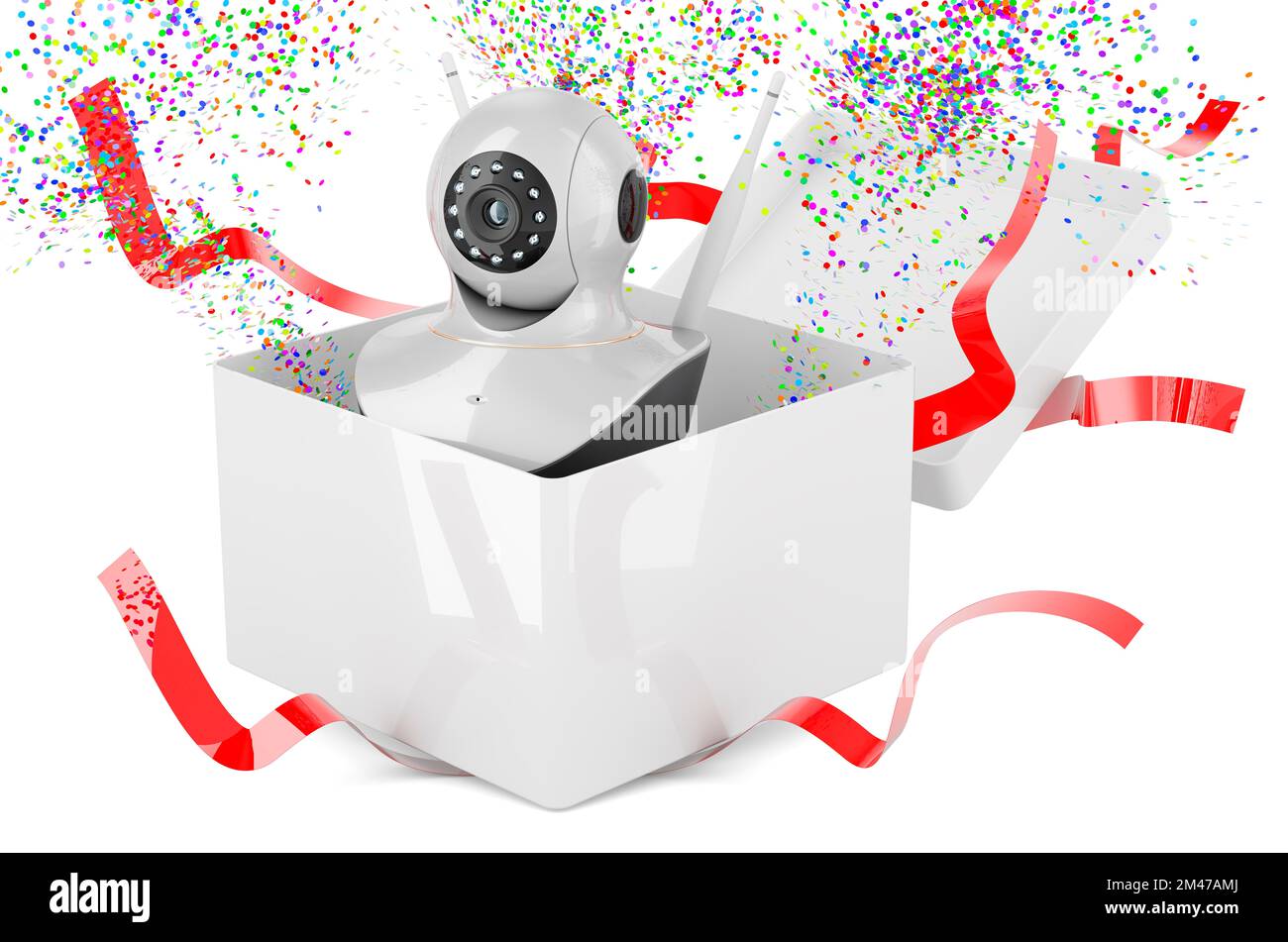 Internet Protocol camera all'interno della confezione regalo, presente concetto. 3D rendering isolato su sfondo bianco Foto Stock