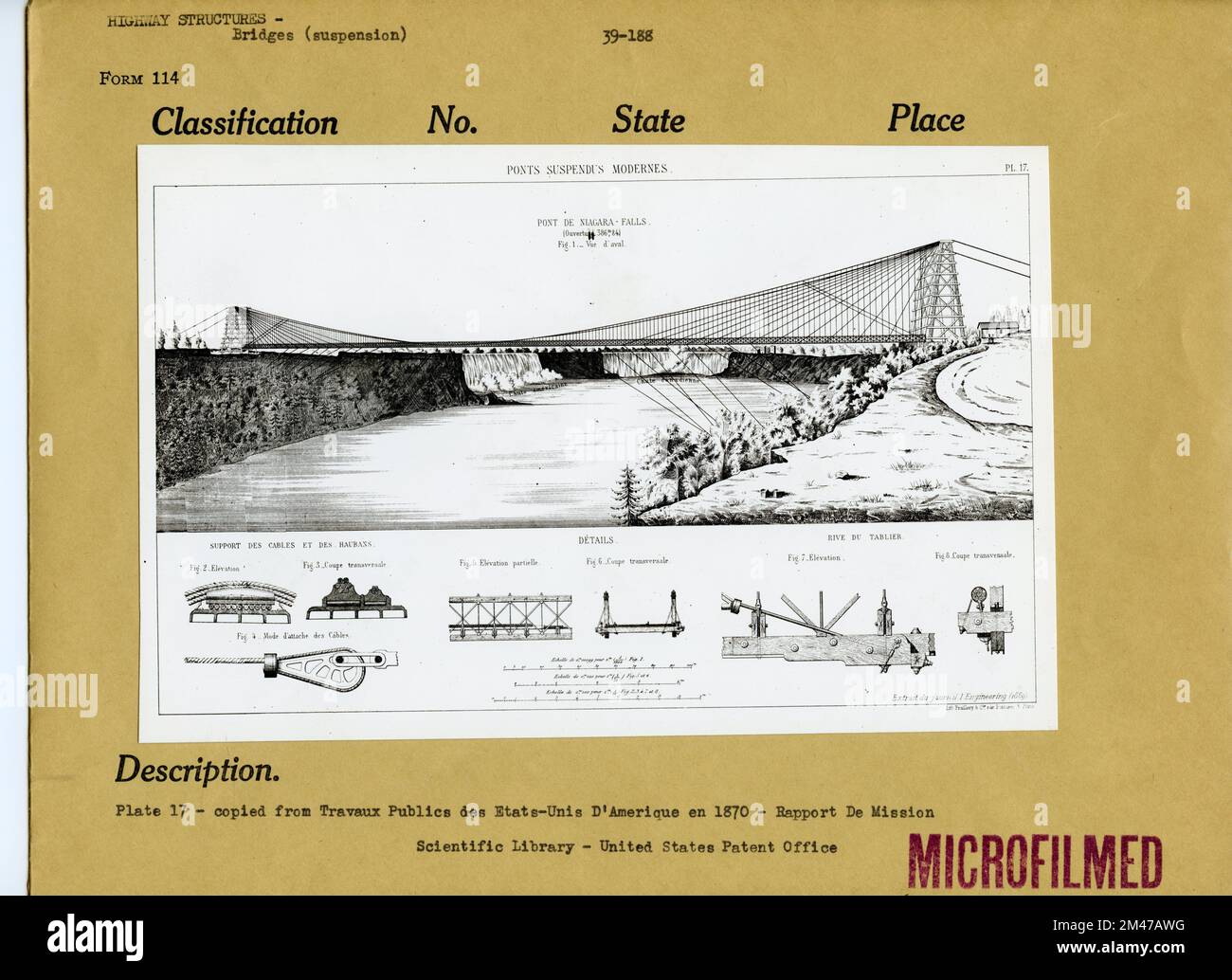 Ponte sospeso sulle Cascate del Niagara. Didascalia originale: Plate 17 - copiata da Travaux Publics des Etats-Unis D'Amerique en 1870 - Rapport De Mission. Biblioteca scientifica - Ufficio brevetti degli Stati Uniti. Foto Stock