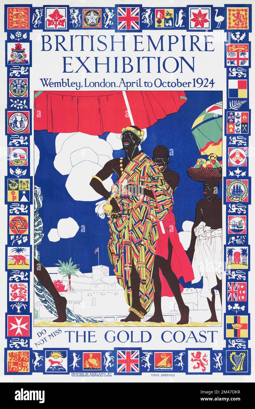 Una serie di poster per la British Empire Exhibition, Wembley, Londra, aprile-ottobre 1924 con la Gold Coast. 27 milioni di persone hanno visitato la mostra. Foto Stock