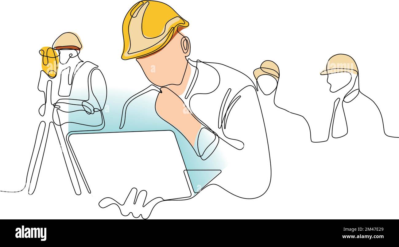 Primo piano di un giovane operaio caucasico con casco sulla testa utilizzando un tablet per lavorare in piedi in magazzino. Surveyor con un'icona a forma di treppiede. Treppiede geodetico. Illustrazione vettoriale Illustrazione Vettoriale