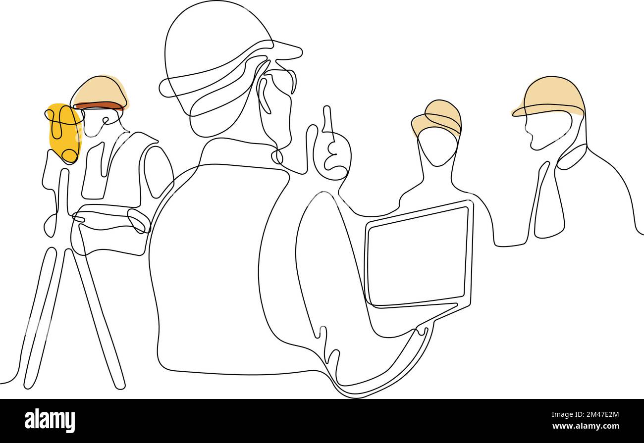 Primo piano di un giovane operaio caucasico con casco sulla testa utilizzando un tablet per lavorare in piedi in magazzino. Surveyor con un'icona a forma di treppiede. Treppiede geodetico. Illustrazione vettoriale Illustrazione Vettoriale
