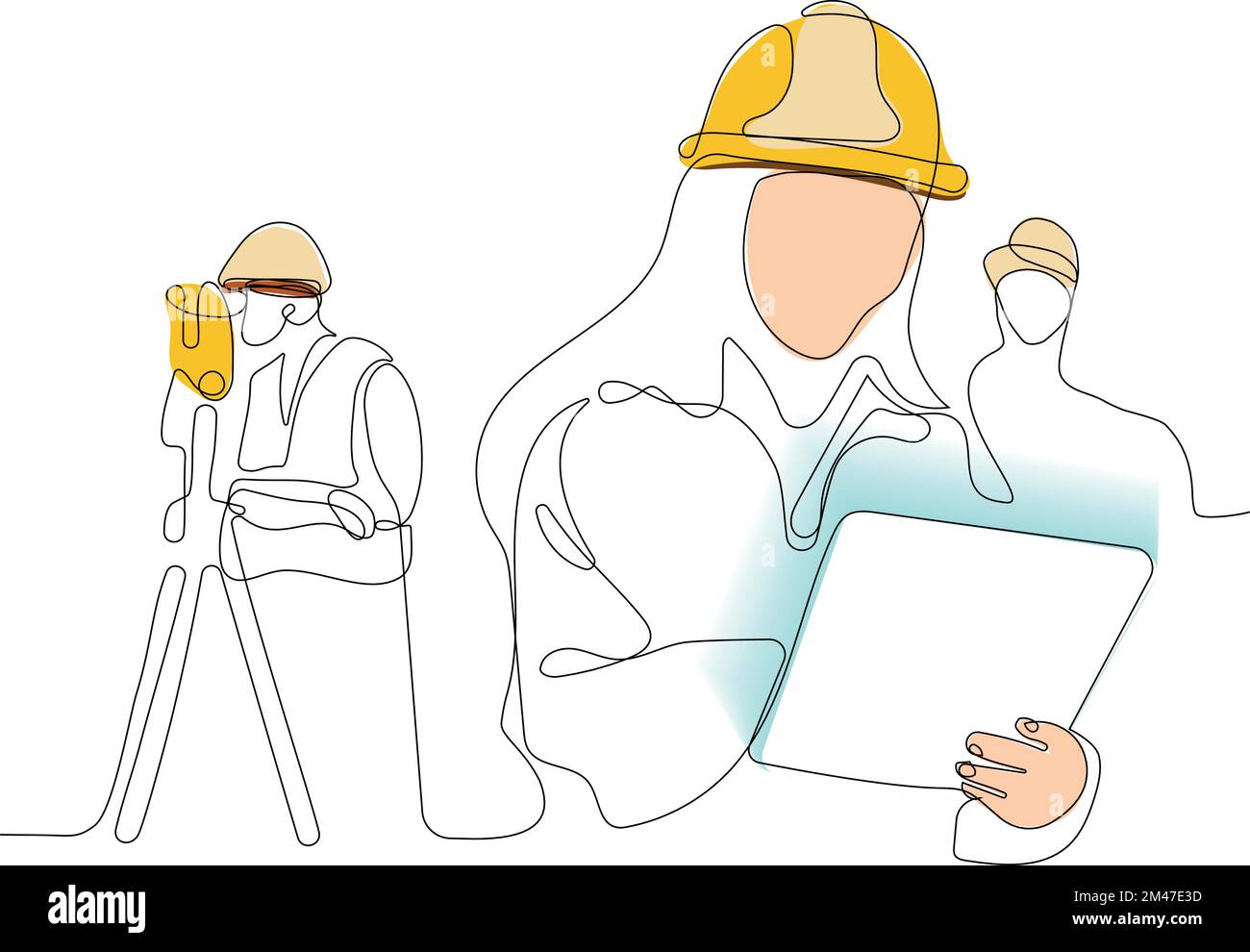 Primo piano di un giovane operaio caucasico con casco sulla testa utilizzando un tablet per lavorare in piedi in magazzino. Surveyor con un'icona a forma di treppiede. Treppiede geodetico. Illustrazione vettoriale Illustrazione Vettoriale