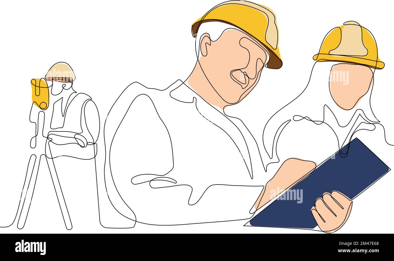 Primo piano di un giovane operaio caucasico con casco sulla testa utilizzando un tablet per lavorare in piedi in magazzino. Surveyor con un'icona a forma di treppiede. Treppiede geodetico. Illustrazione vettoriale Illustrazione Vettoriale