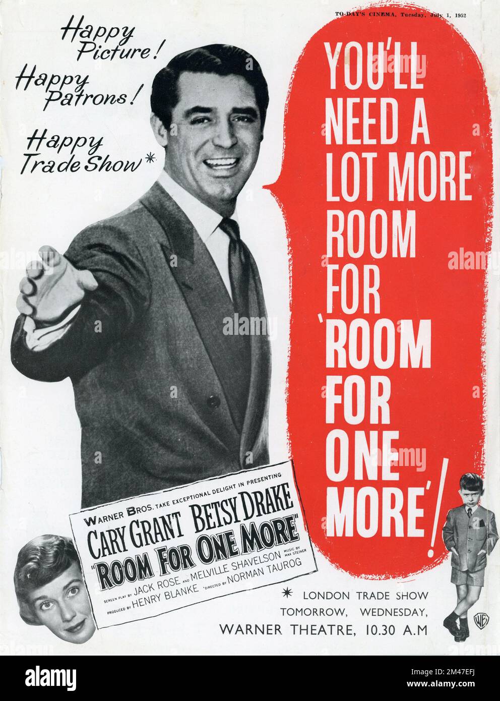 Annuncio commerciale britannico per CARY GRANT BETSY DRAKE e LARRY OLSEN in ROOM FOR ONE MORE 1952 regista NORMAN TAUROG libro Anna Perrot Rose sceneggiatura Jack Rose e Melville Shavelson musica Max Steiner produttore Henry Blanke Warner Bros. Foto Stock