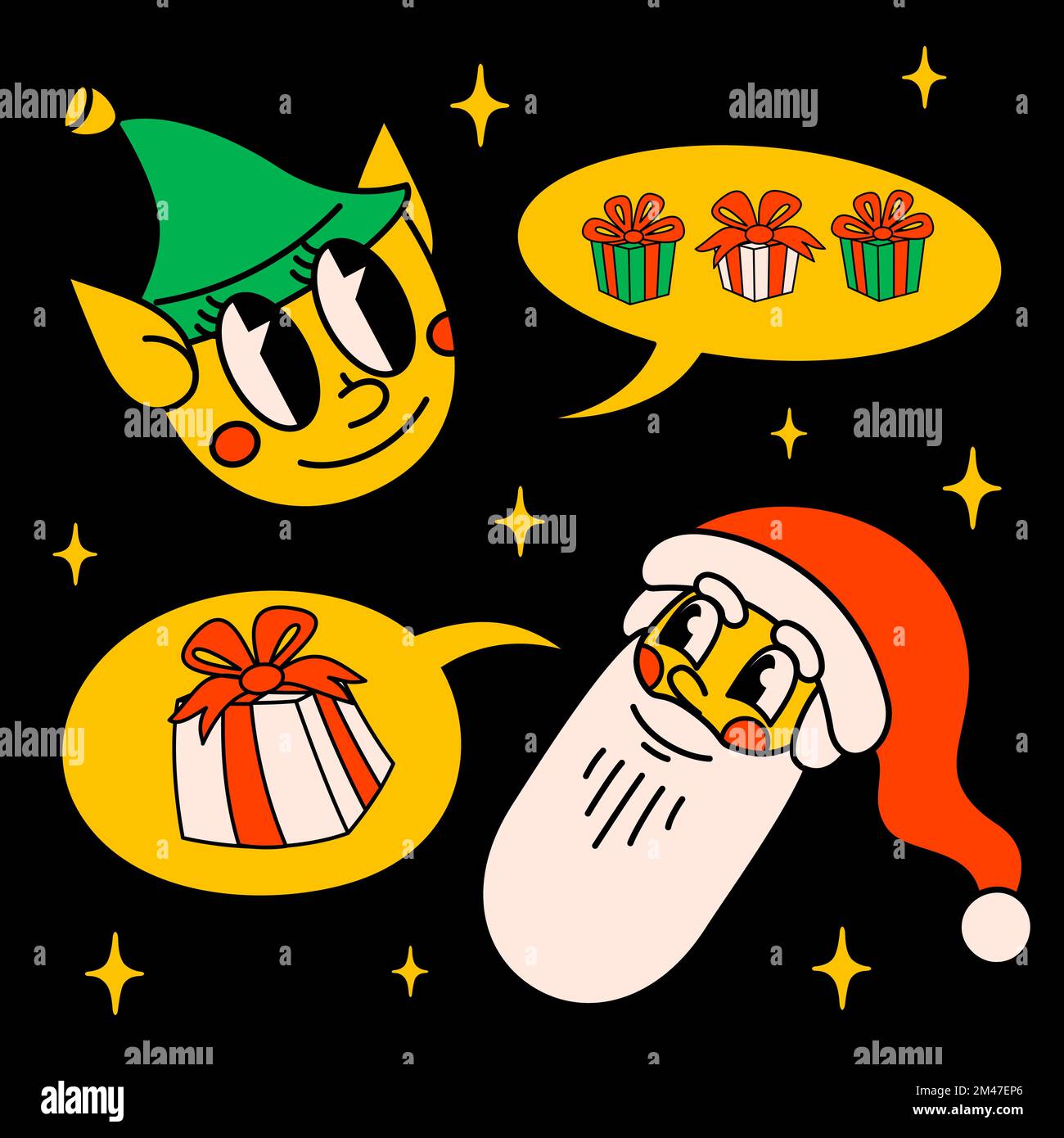 Buon Natale e felice anno nuovo personaggi del cartone animato retrò. Cartolina di Natale con Babbo Natale ed Elfo. Caratteri vettoriali Cartoon e. Illustrazione Vettoriale