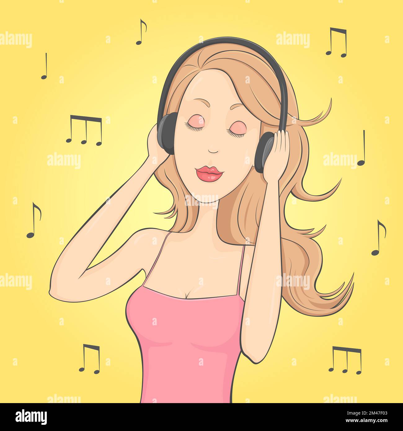 Ragazza che ascolta musica in cuffie. Cartone animato. Illustrazione vettoriale. Illustrazione Vettoriale
