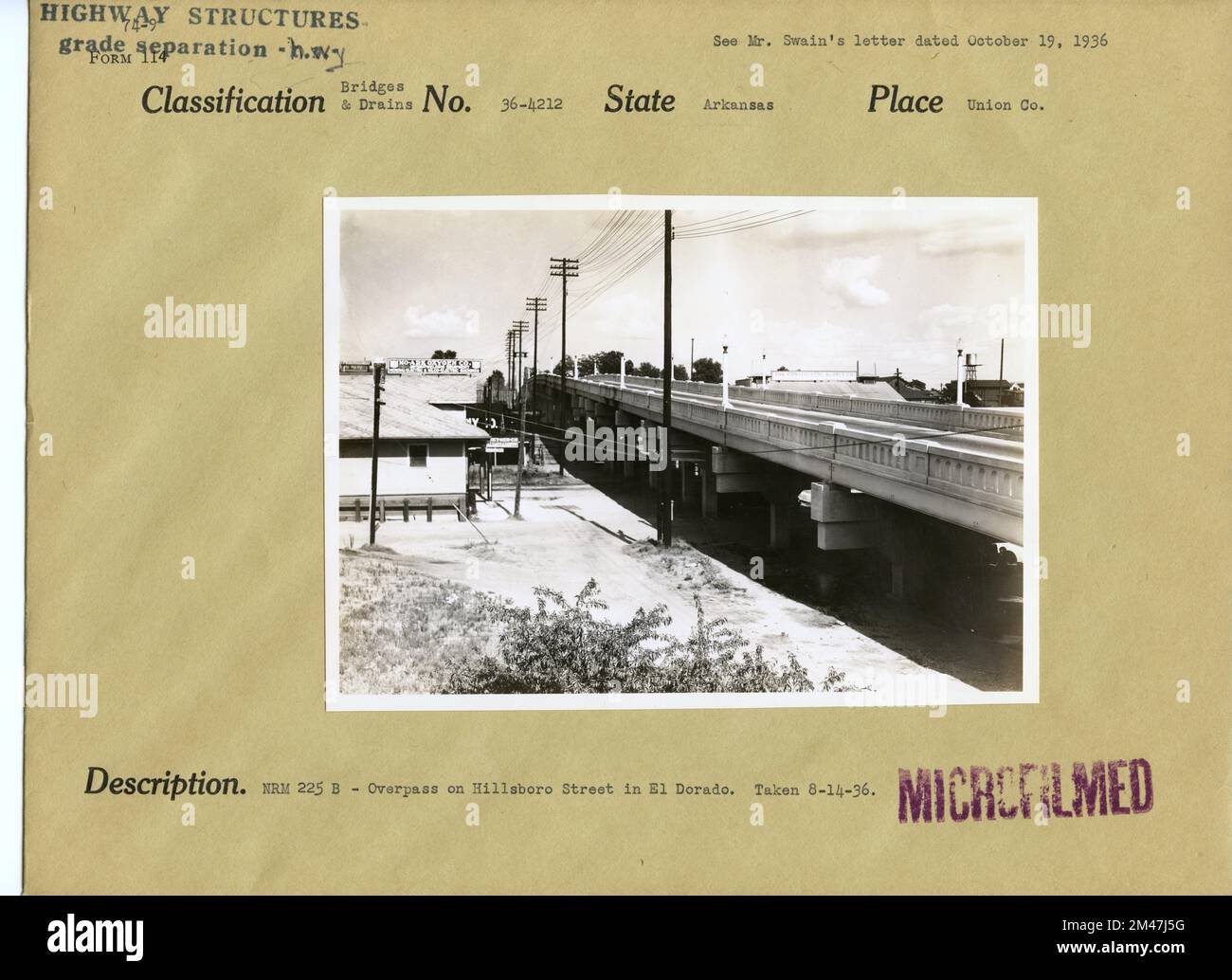 Cavalcavia su Hillsboro Street a El Dorado. Didascalia originale: NRM 225B - cavalcavia su Hillsboro Street a El Dorado. Presa 8-14-36. Stato: Arkansas. Località: Union County. Foto Stock