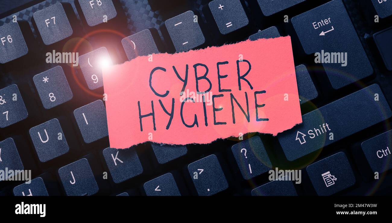 Didascalia concettuale Cyber Hygiene. Parola per le misure che gli utenti del calcolatore prendono per migliorare la loro sicurezza cibernetica Foto Stock