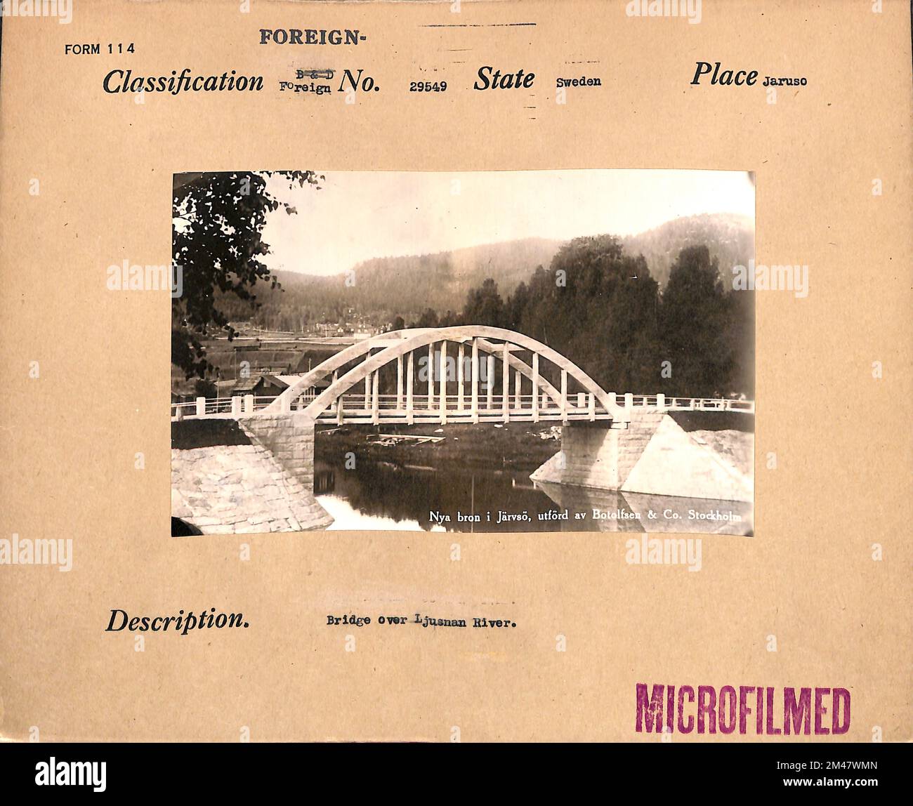 Ponte sul fiume Ljusnan. Didascalia originale: Ponte sul fiume Ljusnan. Arco molla a traliccio, cemento armato. Circa 30 m di distanza, 4,6 m Ry. Stato: Svezia. Località: Jaruso. Foto Stock