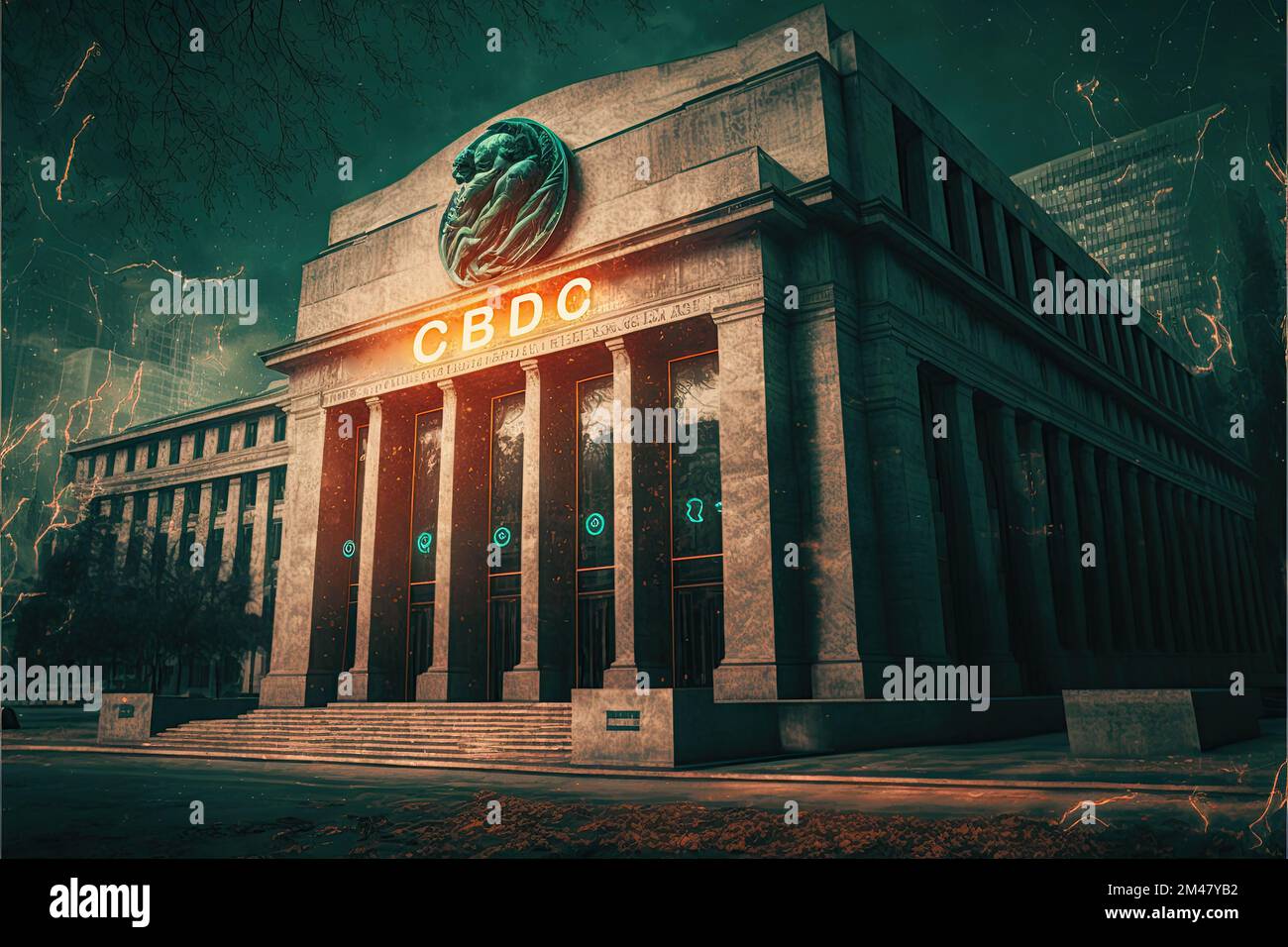 Banca digitale che emette CBDC, Banca centrale valuta digitale, utilizzato come mezzo di pagamento, emesso e sostenuto da una banca centrale, come la Federal Foto Stock