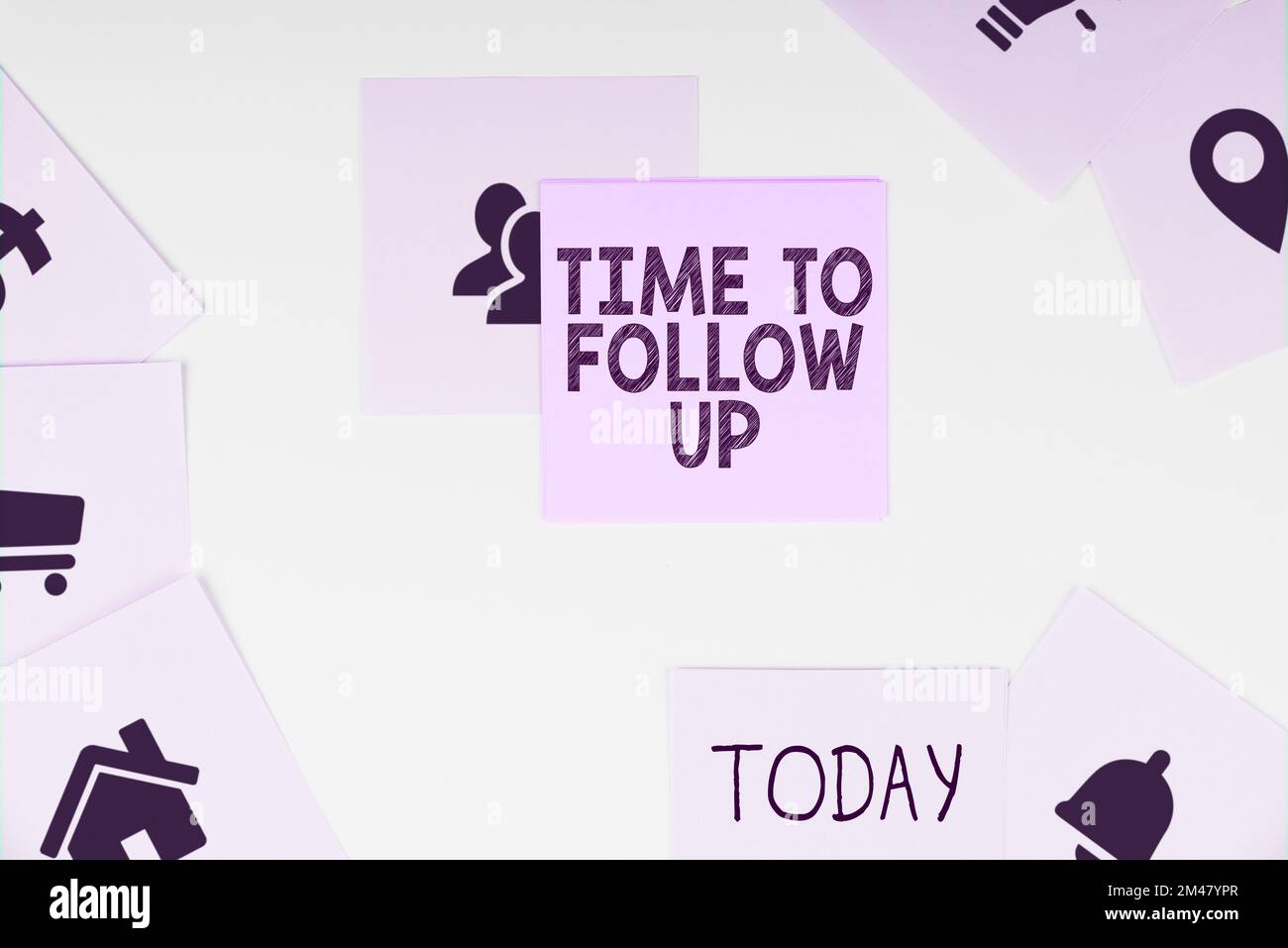 Didascalia di testo che presenta il tempo di follow-up. Business Concept richiesta dell'attività precedente o continuazione delle informazioni Foto Stock