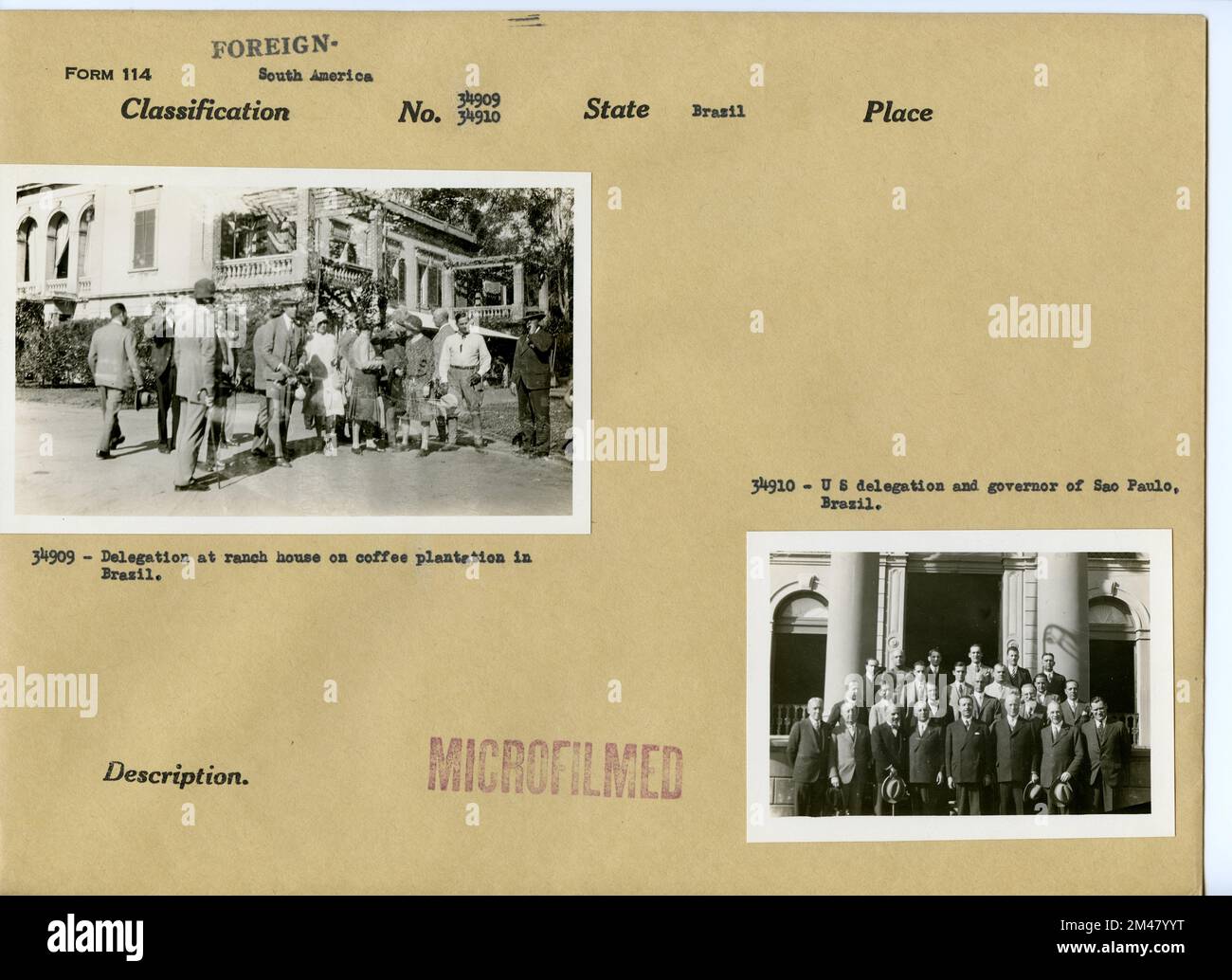 Delegazione al ranch house sulla piantagione di caffè in Brasile; Stati Uniti Delegazione e governatore di Sao Paulo Brasile. Stato: Brasile. Foto Stock