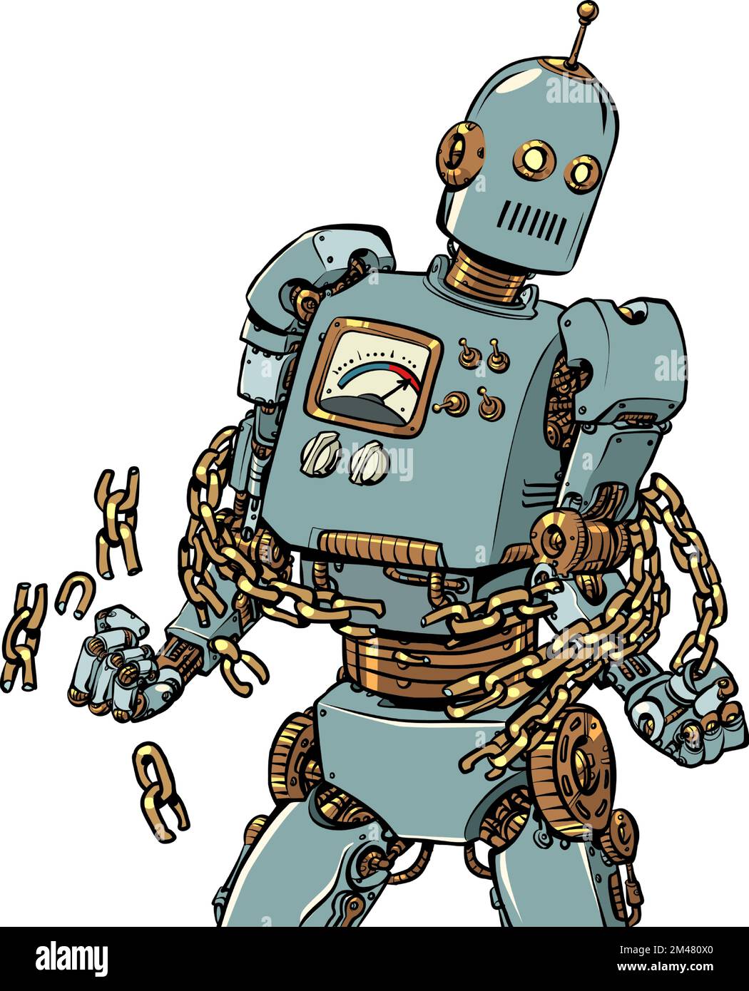 un robot rompe le catene, simbolo di libertà e lotta contro i legami economici e politici. Cittadino e i suoi diritti Illustrazione Vettoriale