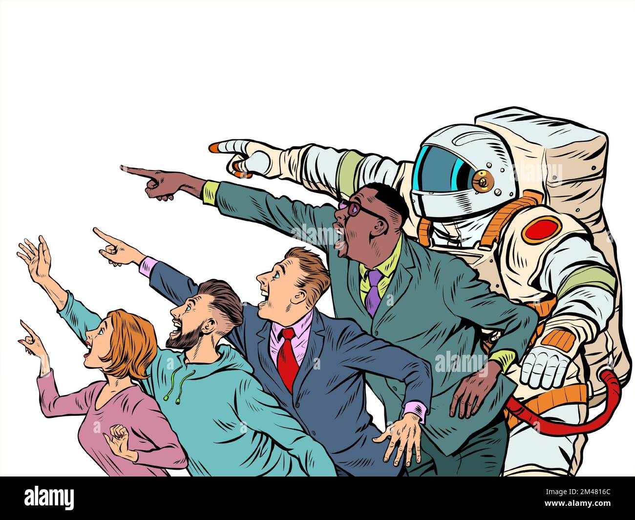 La gente punta con la loro mano. Template annuncio pubblicità news vendita. Uomo d'affari donna uomo astronauta Pop art stile Illustrazione Vettoriale