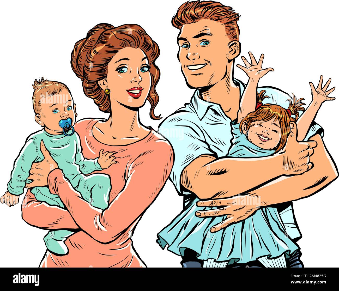 Famiglia mamma e papà con bambini tra le braccia. Pop art retrò illustrazione stile 50s 60s Illustrazione Vettoriale