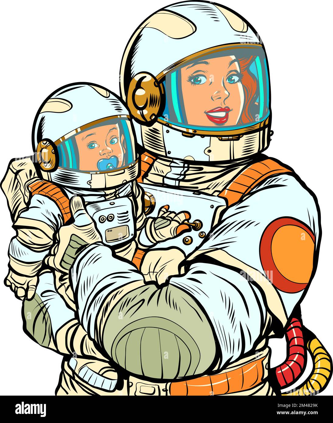 Madre astronauta gioiosa con un bambino in braccio. Festa delle madri. Pop art in stile retrò. Donna cosmica nella maternità Illustrazione Vettoriale