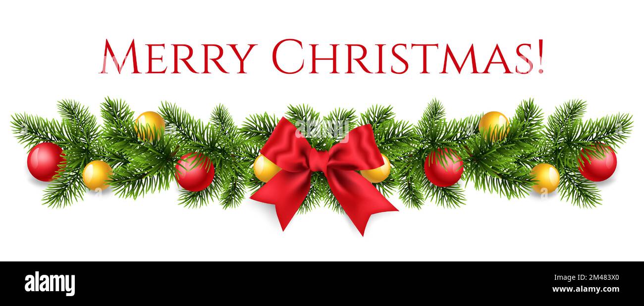 Design natalizio con bordo di rami realistici albero di Natale decorato con arco rosso, fiore di Natale e palle di Natale isolato su bianco Illustrazione Vettoriale