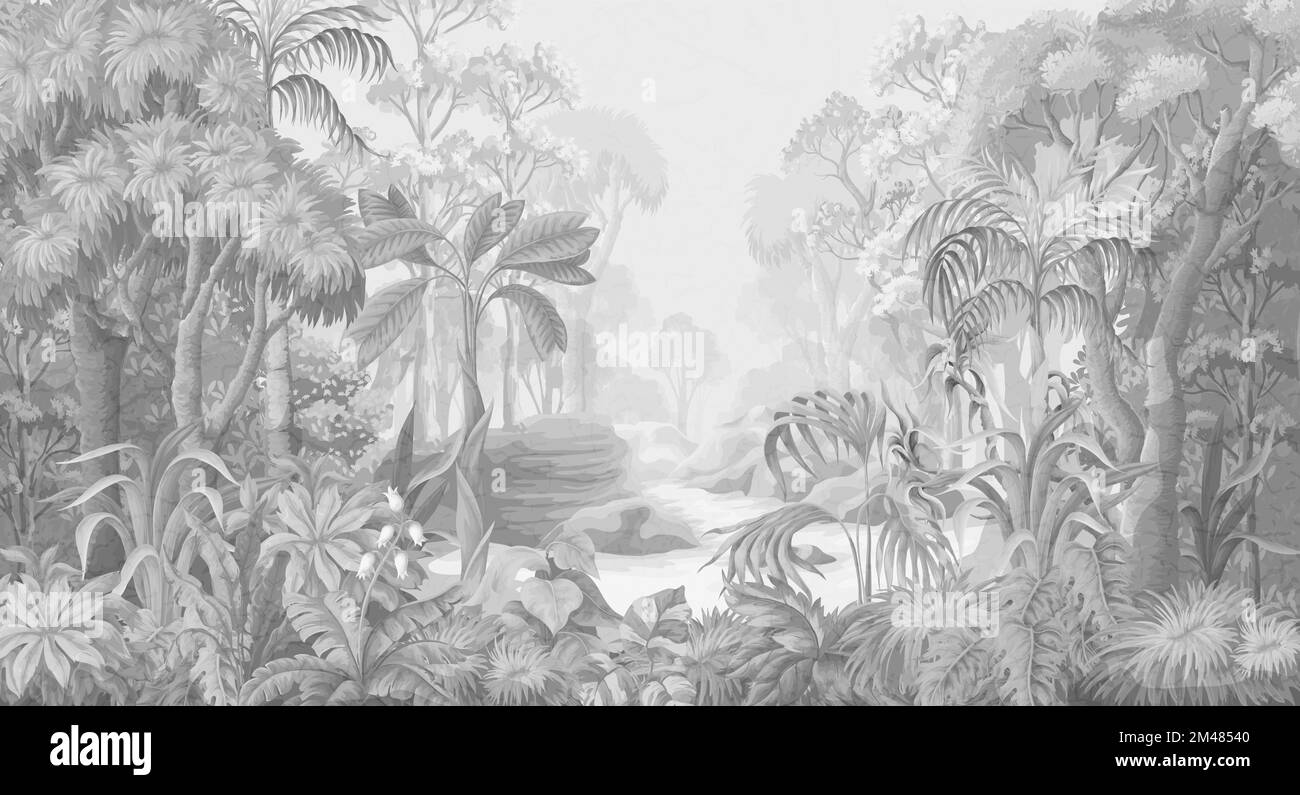 Paesaggio monocromatico della giungla. Stampa interna vettoriale. Illustrazione Vettoriale