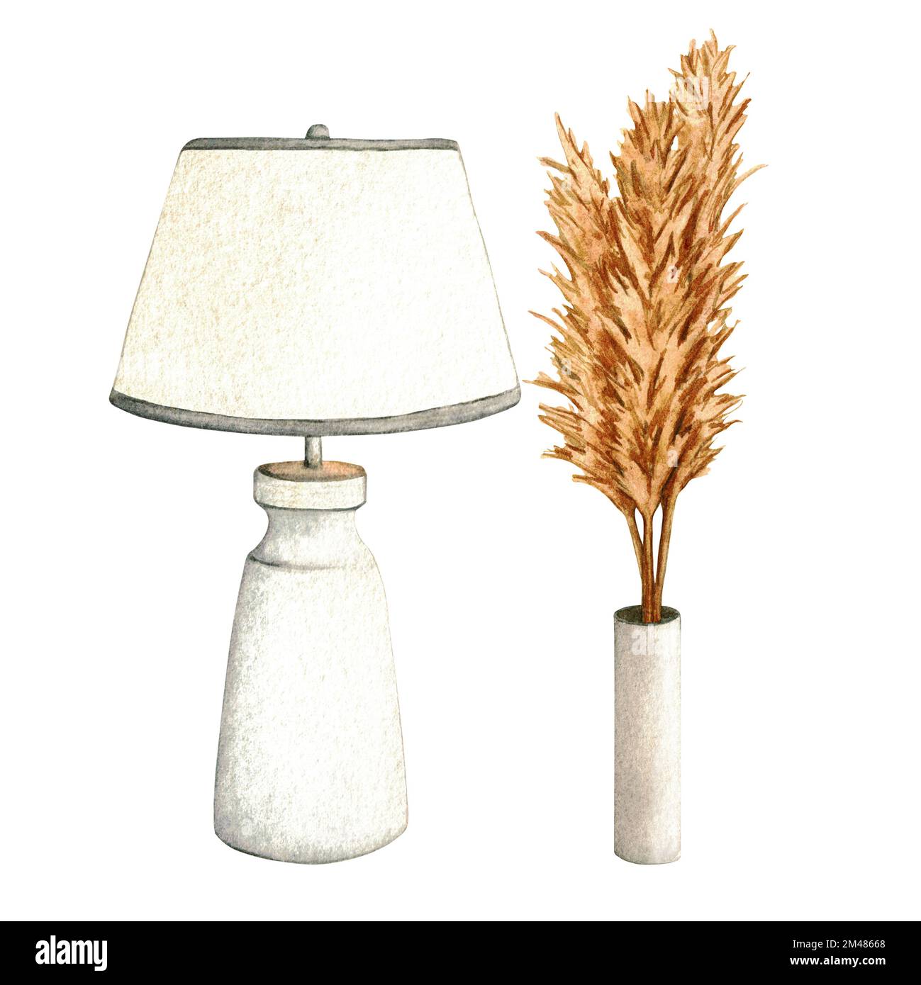 Lampada da notte e vaso con fiori secchi. Acquerello all'interno del soggiorno. Clipart. Elementi di arredamento su sfondo bianco. Foto Stock