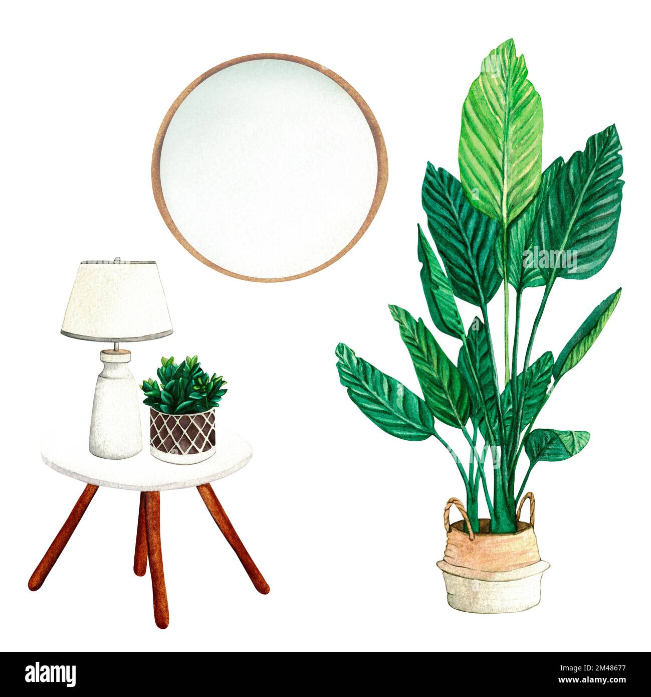 Lampada da notte e impianto di casa sul tavolino da caffè. Acquerello all'interno del soggiorno. Clipart. Elementi di arredamento su sfondo bianco Foto Stock