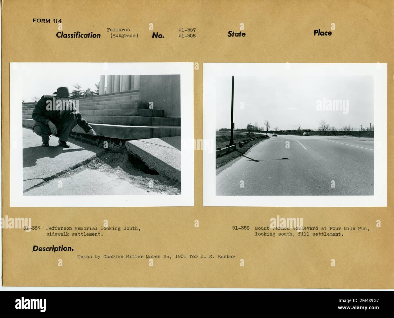 Regolamento marciapiede, liquidazione riempimento. Didascalia originale: 51-357 - Jefferson Memorial Looking South, insediamento marciapiede. Tratto da Charles Ritter 26 marzo 1951 per E. S. Barber. Didascalia originale: 51-358 - Mount Vernon Boulevard a Four Mile Run, guardando verso sud, riempire insediamento. Tratto da Charles Ritter 26 marzo 1951 per E. S. Barber. Foto Stock