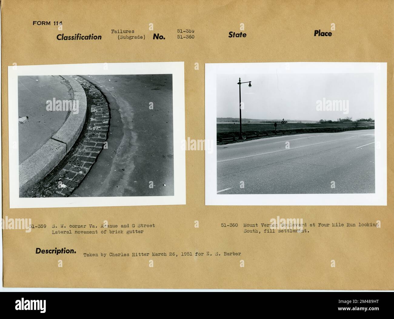 Movimento di Brick Gutter, Fill Settlement. Didascalia originale: 51-359 - S.W. Corner Va. Avenue e G Street. Movimento laterale del grondaia di mattoni. Tratto da Charles Ritter 26 marzo 1951 per E. S. Barber. Didascalia originale: 51-360 - Mount Vernon Boulevard a Four Mile Run, guardando verso sud, riempire insediamento. Tratto da Charles Ritter 26 marzo 1951 per E. S. Barber. Foto Stock