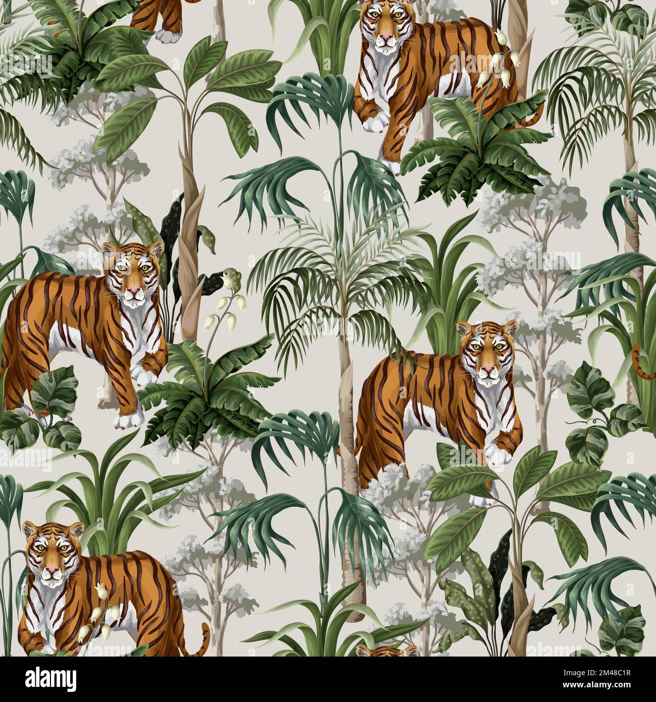 Modello senza cuciture con tigre e alberi della giungla. Vettore. Illustrazione Vettoriale