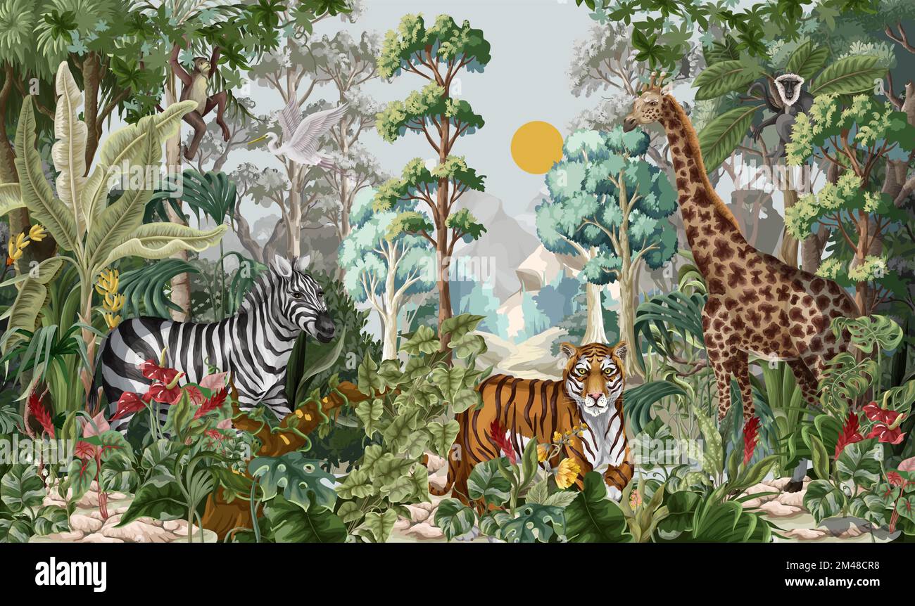 Giungla paesaggio con animali selvatici per i bambini. Vettore. Illustrazione Vettoriale