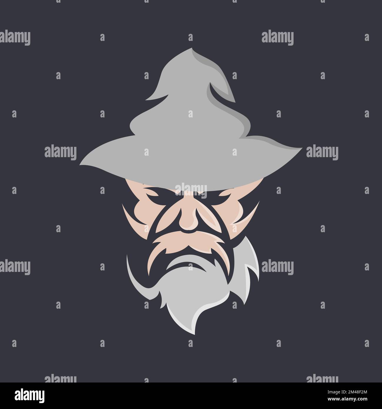 wizard warlock vecchio uomo faccia con barba cappello magico mago logo modello vector.eps 10 Illustrazione Vettoriale